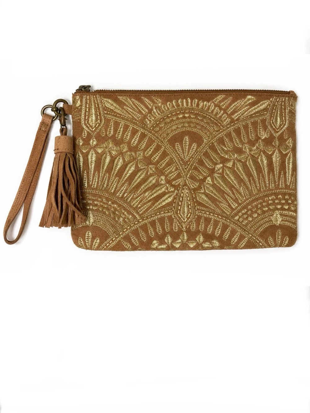 Lucky Brand Brown Cowhide Leather Metallic Embroidered Wristlet Clutch